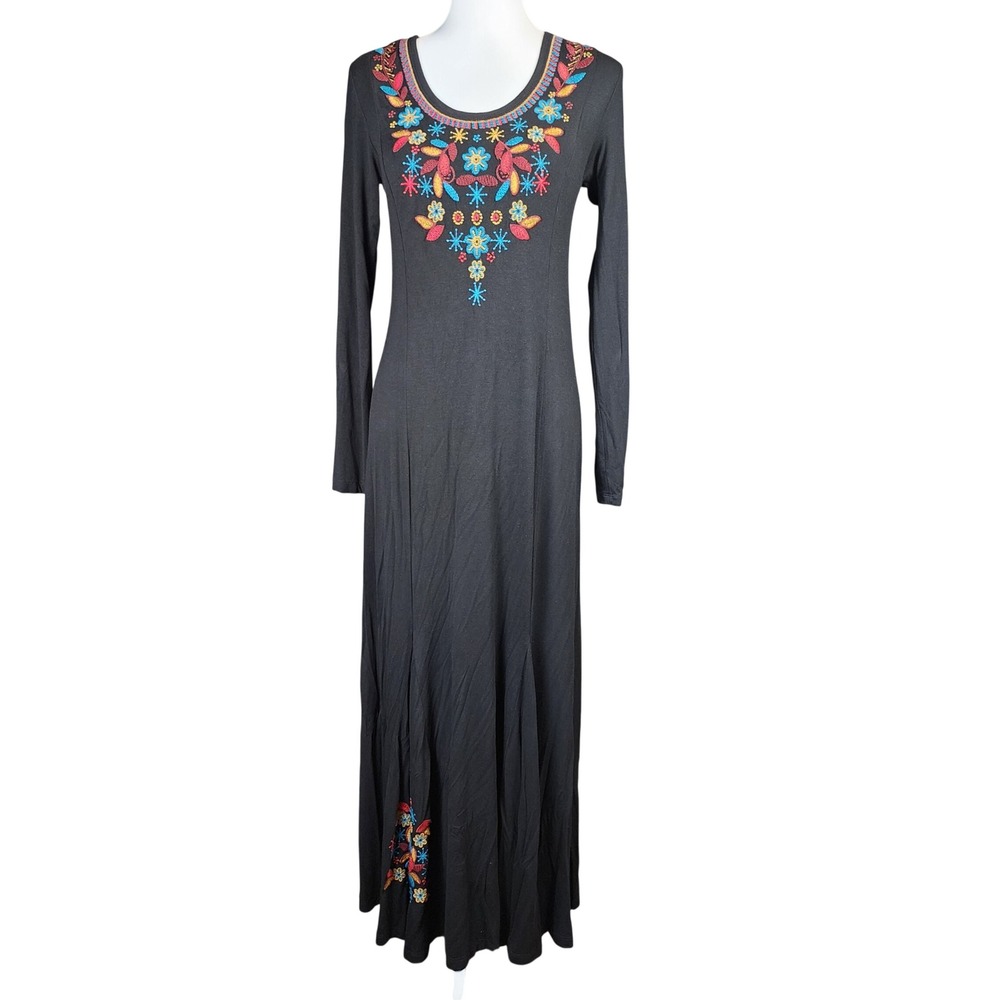 Soft‎ Surroundings Embroidered Maxi Dress Women's XS Black Boho Casual Stretch